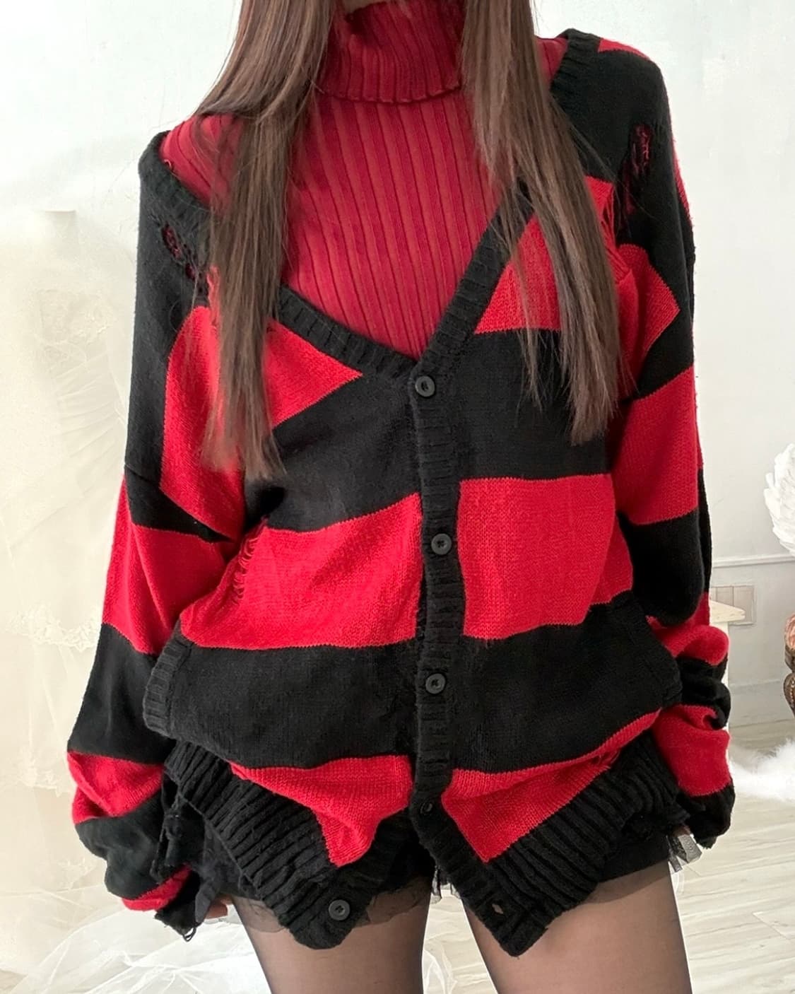 Demage detail black and red stripe cardi 상품이미지7