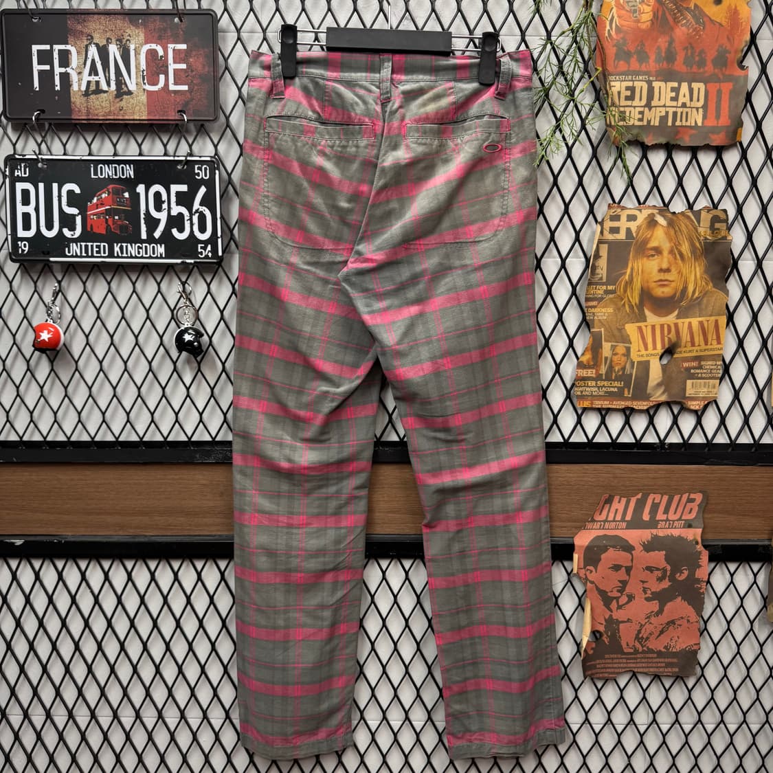 오클리 재팬 체크 코튼 슬랙스 팬츠 스트레이트 핏 그레이 핑크 상품이미지2