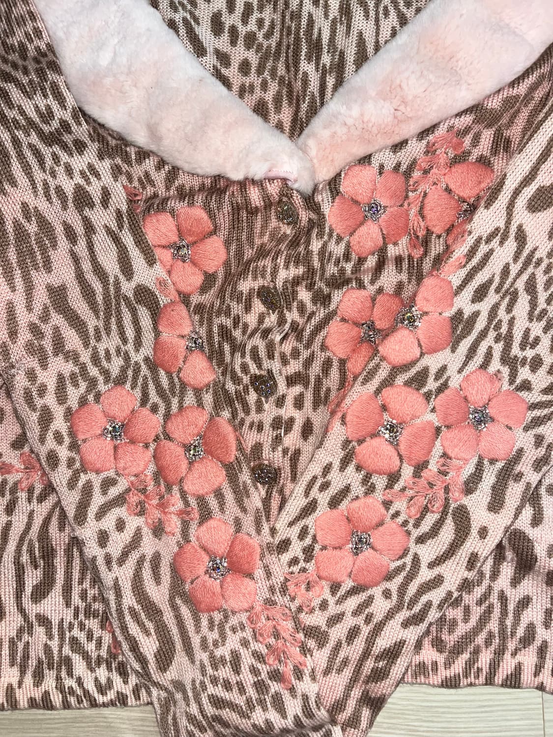 갸루걸 호피 퍼 자수 비즈 가디건 상품이미지2