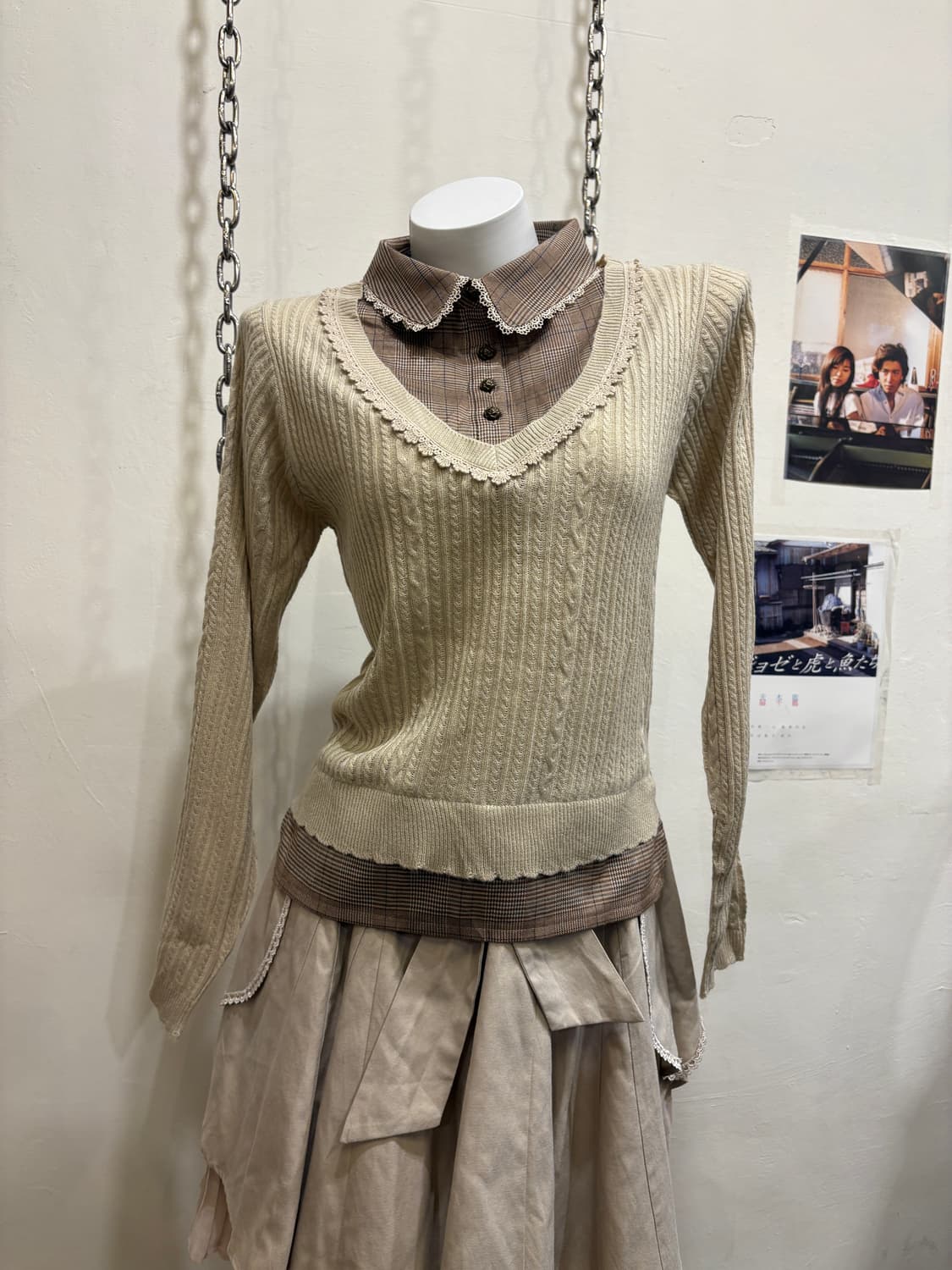 axes femme 엑시즈팜 체크 셔츠 레이어드 아이보리 니트 모리 상품이미지1