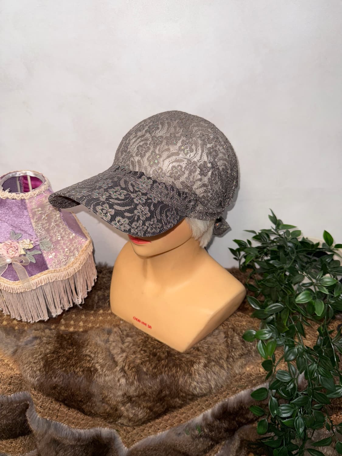 Gray glitter floral lace scarf ball cap 상품이미지1