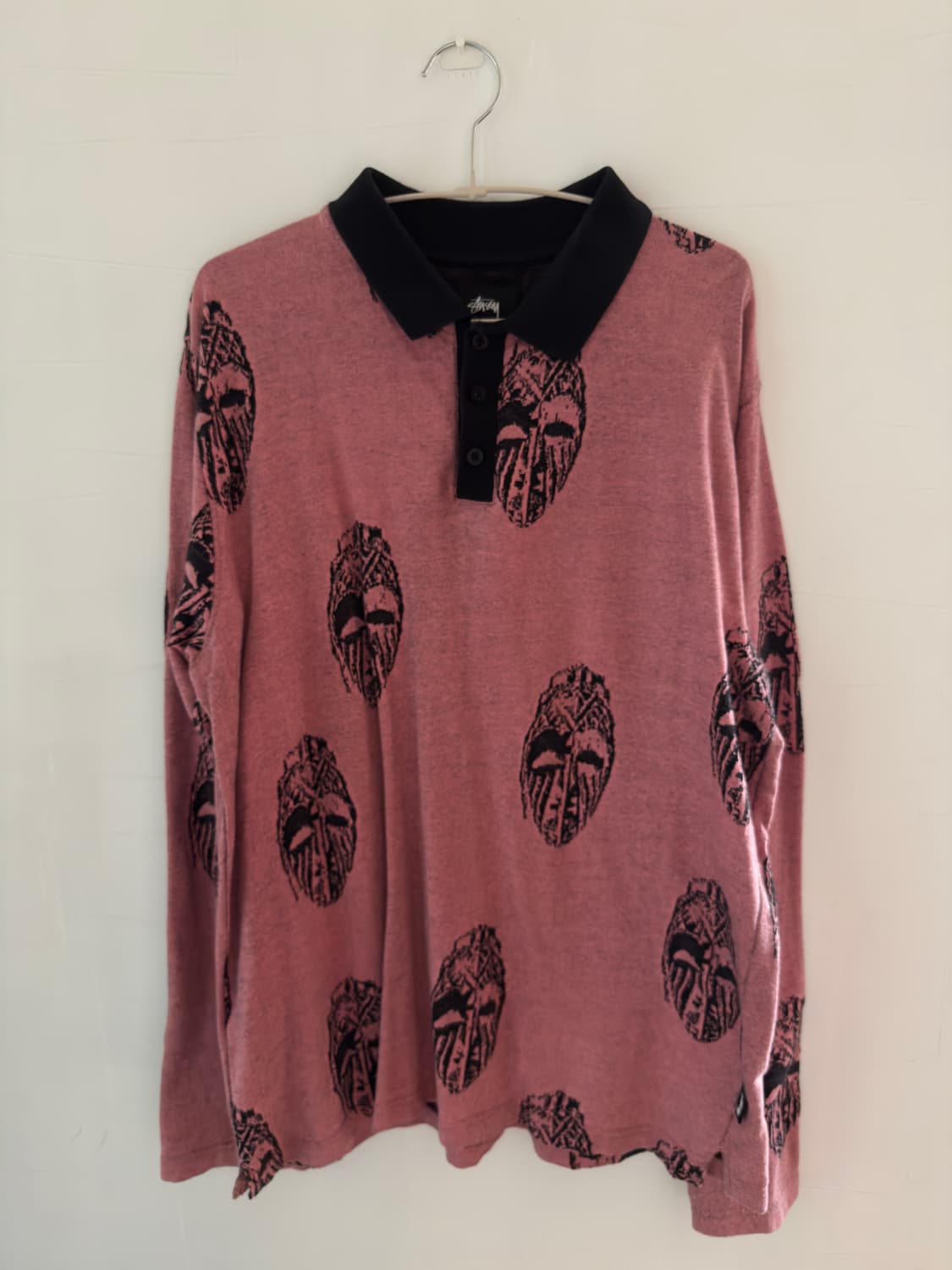 Stussy 핑크 마스크 패턴 긴팔 폴로 셔츠 L 상품이미지1