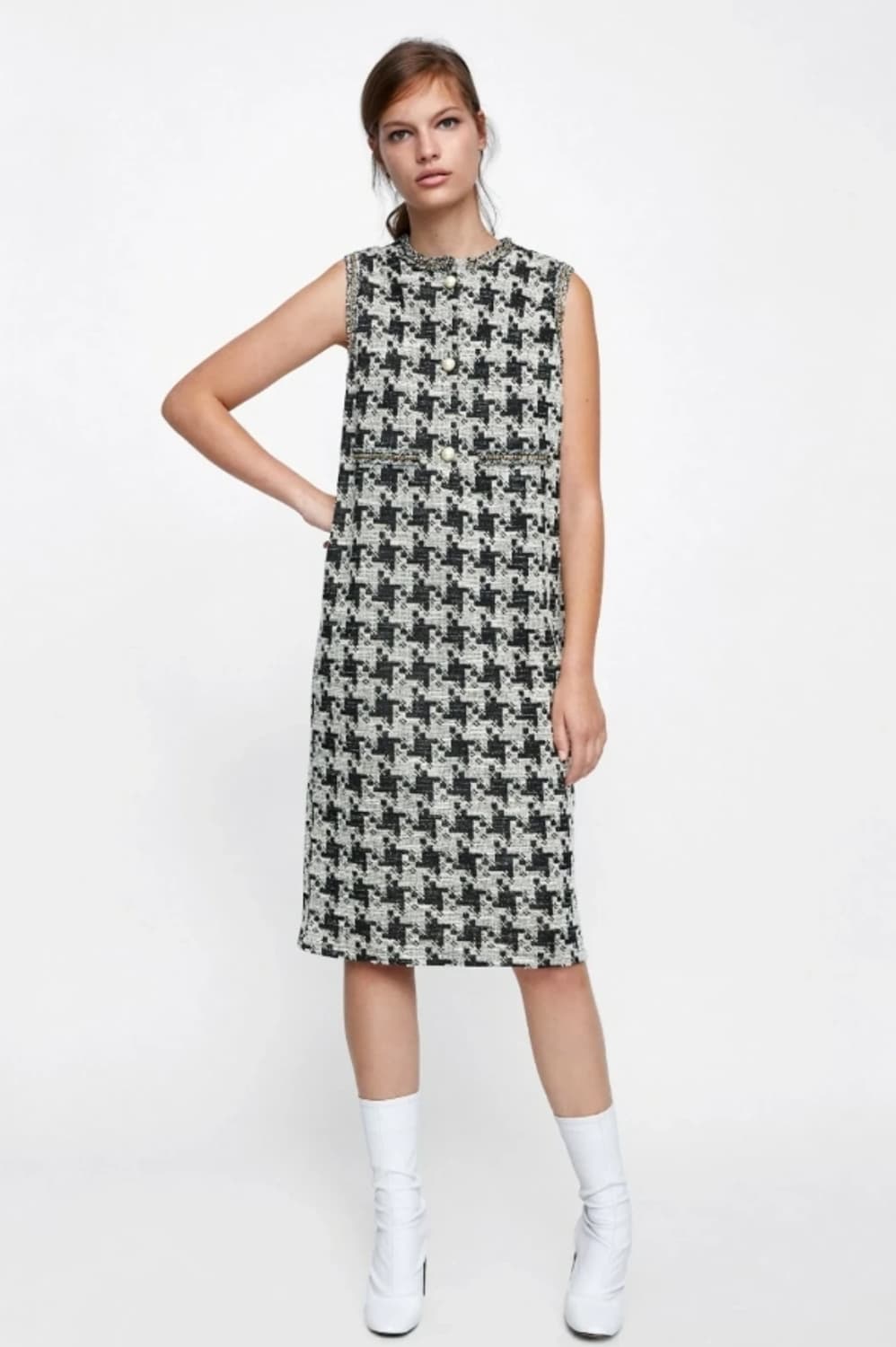 [새상품] ZARA 진주 버튼 하운드투스 체크 트위드 원피스 55 상품이미지1