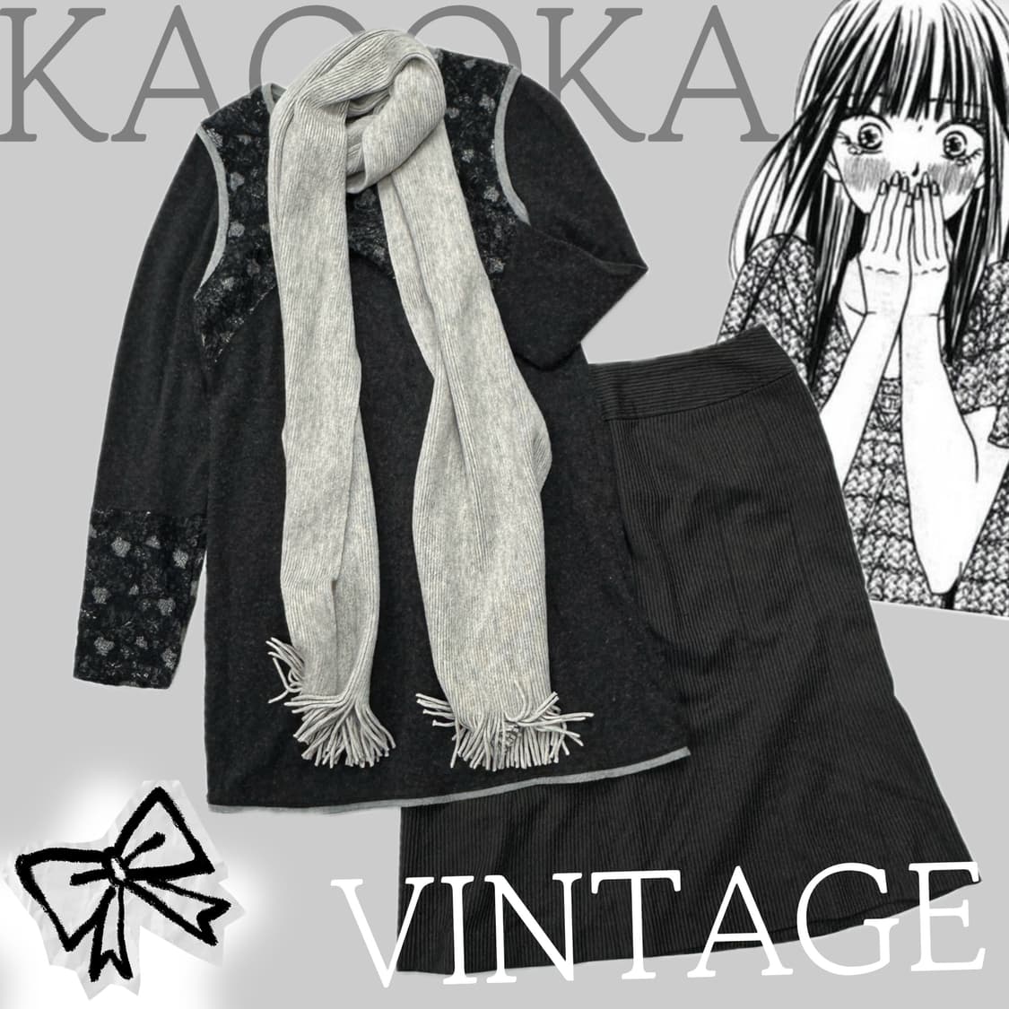 🐾사와코의 무채색 여리 데이트코디세트🐾 니트 머플러 미디스커트 상품이미지1