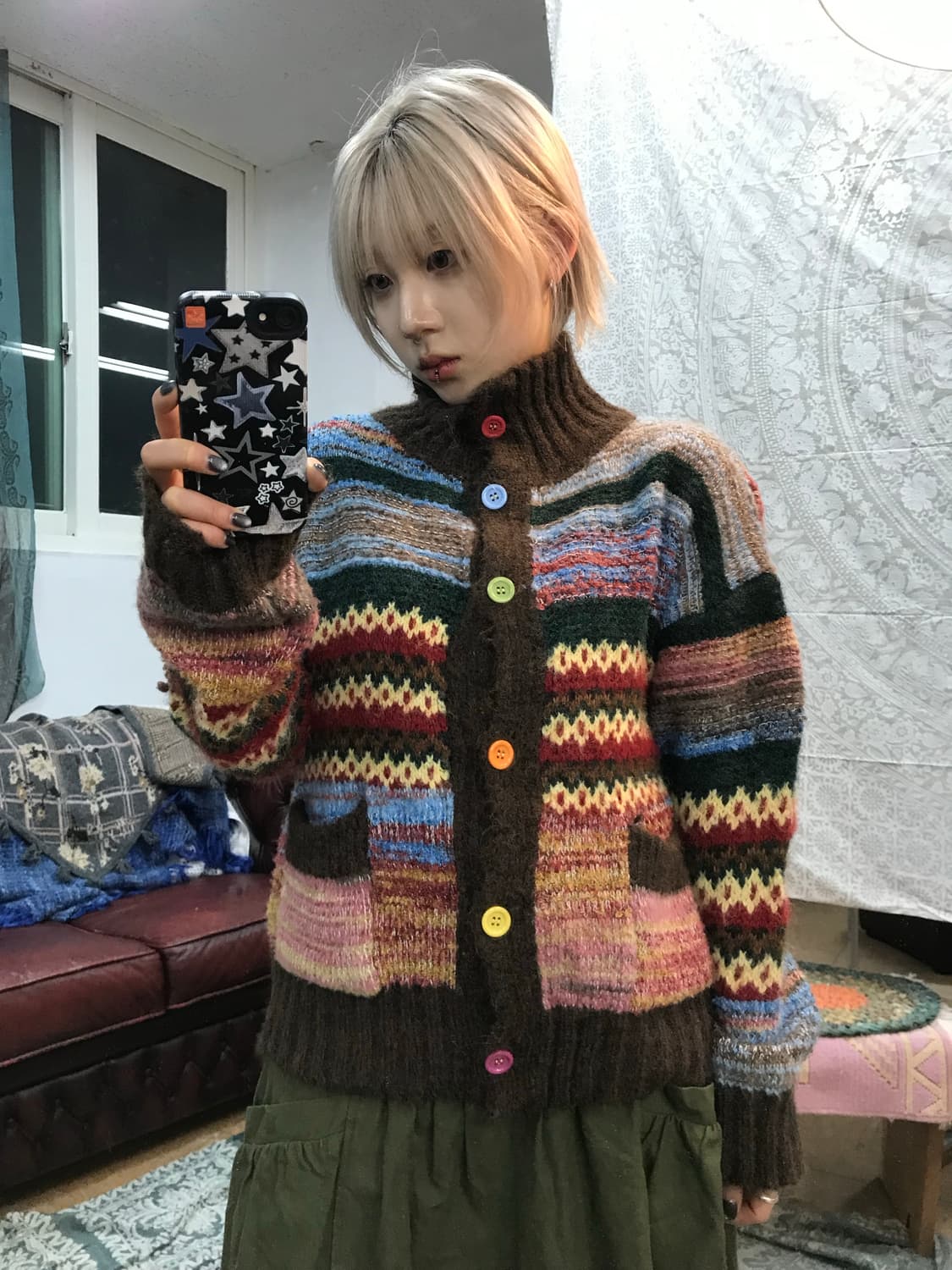 빈티지 여성 멀티컬러 하이넥 니트 가디건  상품이미지1