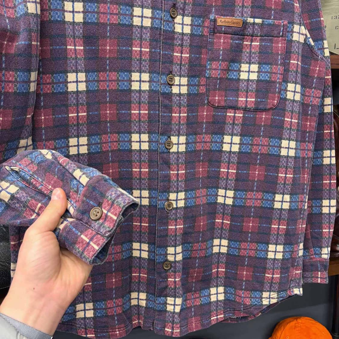 90s 말보로 클래식 USA 코듀로이 카라 체크 포켓 셔츠 N495 상품이미지3