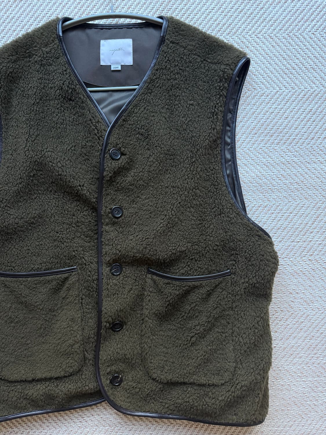 유스 레더 트리밍 울 파일 베스트 브라운 L 상품이미지2