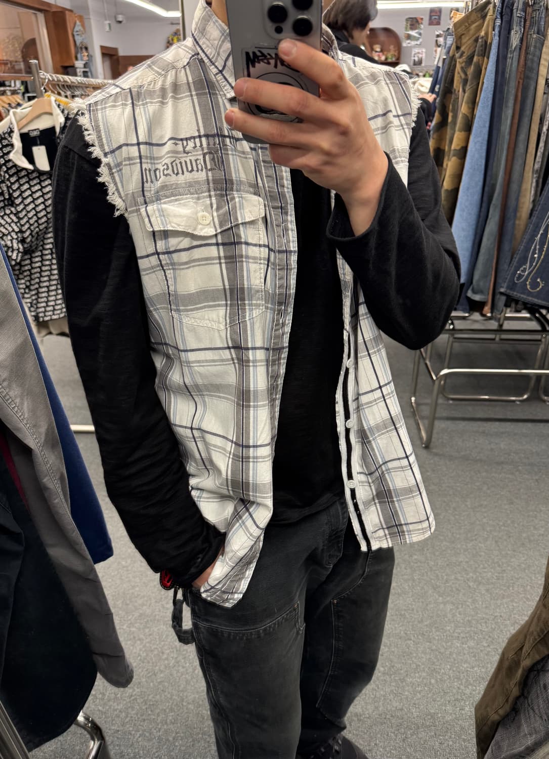 M)할리데이비슨 빈티지 프린팅 체크패턴 커스텀 조끼 베스트 상품이미지1