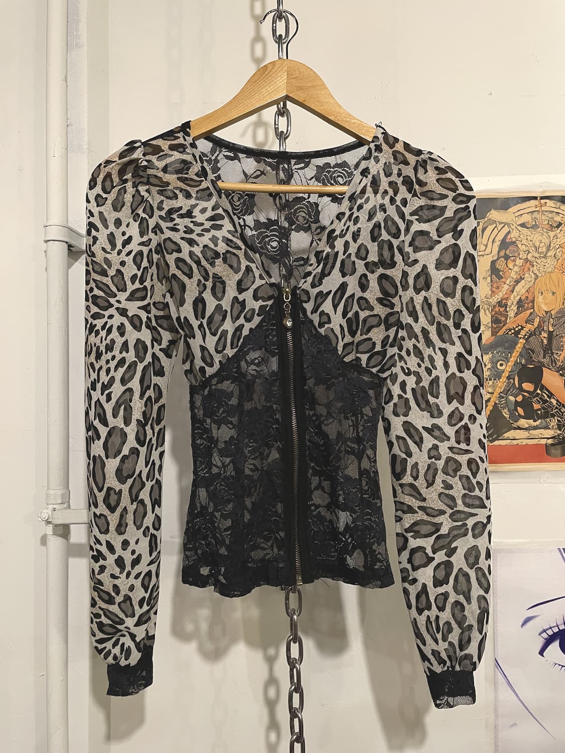 레오파드 패턴 시스루 레이스 집업 탑 갸루 상품이미지1