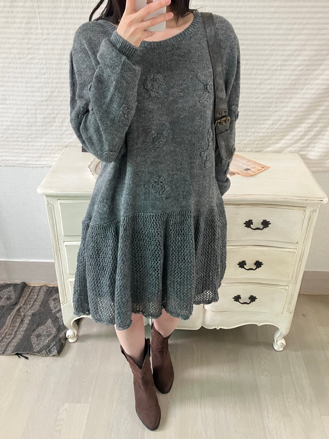 jpn vintage 차콜 플라워 패턴 펀칭 레이스 니트 원피스 y2k  상품이미지1