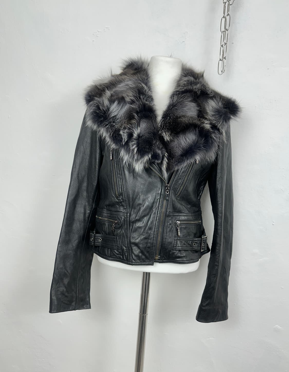 Detachable Fox Fur Lambskin Zip-Up Jacke 상품이미지1