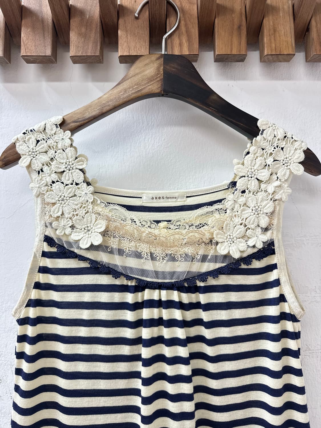 일본빈티지 Axes Femme 플라워 크로쉐 레이스 스트라이프 슬리브리스 상품이미지2