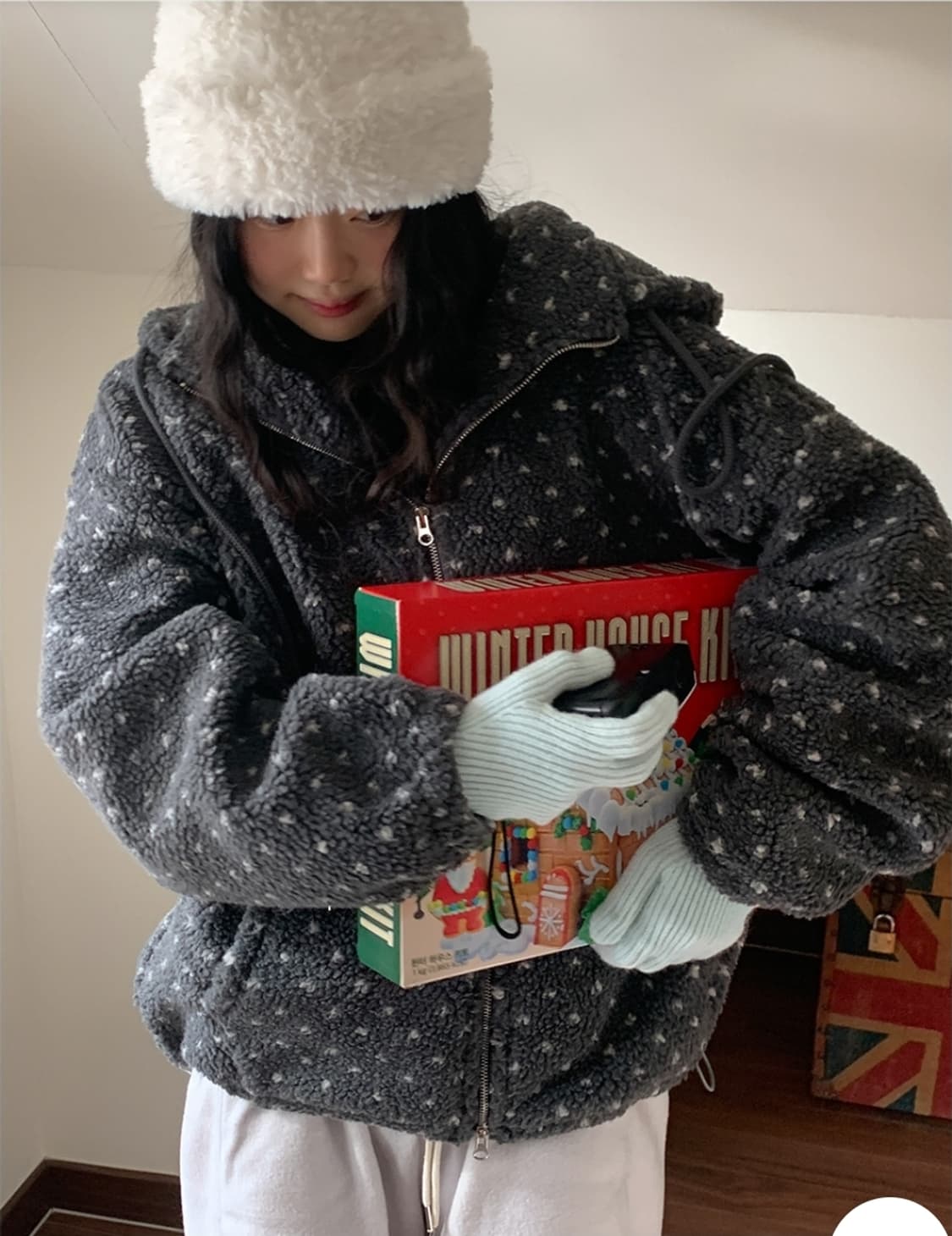 하트 도트 양털 뽀글이 덤블 후드집업 상품이미지4