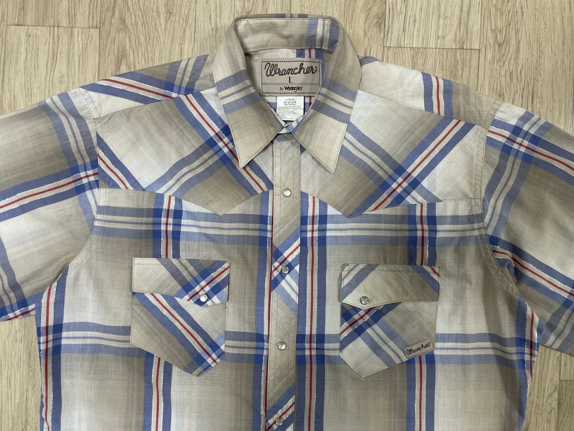 105) 90's 랭글러 베이지체크 샴브레이 웨스턴셔츠 상품이미지4