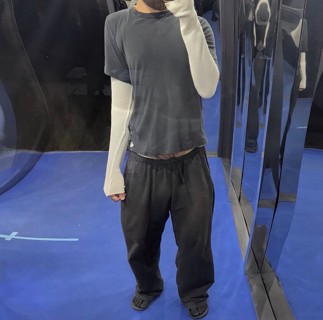 프라이빗룩북 믹스드 골지 오프숄더 보트넥 티셔츠 / 블랙 상품이미지4