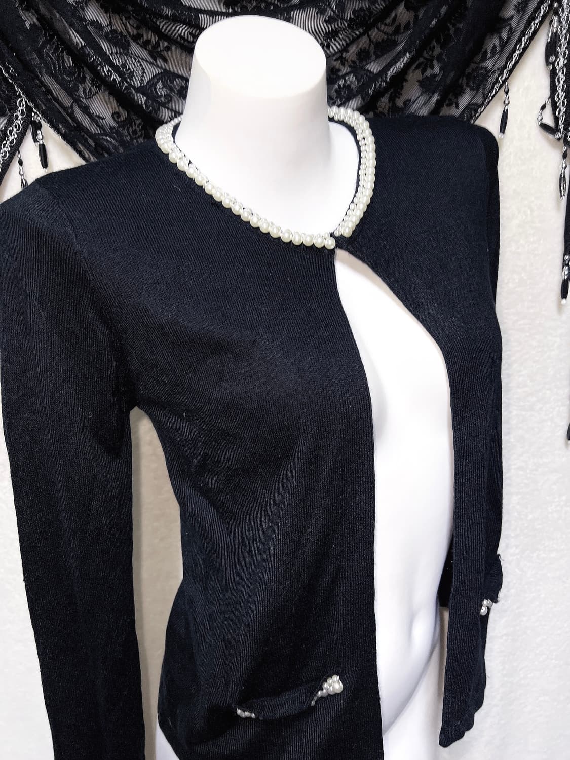 로걀탑 로맨틱갸루 진주 볼레로 블랙 니트가디건 페미닌 러블리 핀터 상품이미지2