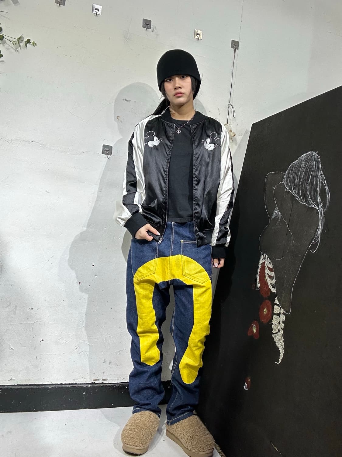 일본빈티지 디즈니 블랙 미키마우스 자수 스카잔 L  상품이미지3