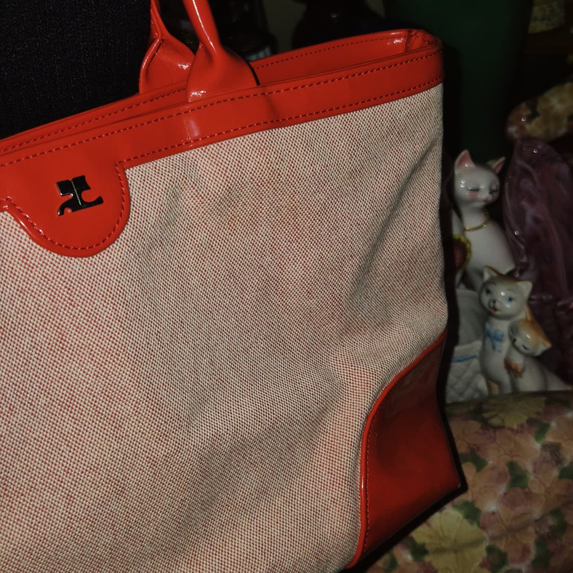 90s 프랑스 꾸레쥬 레드 에나멜 자카드 토트백 상품이미지8