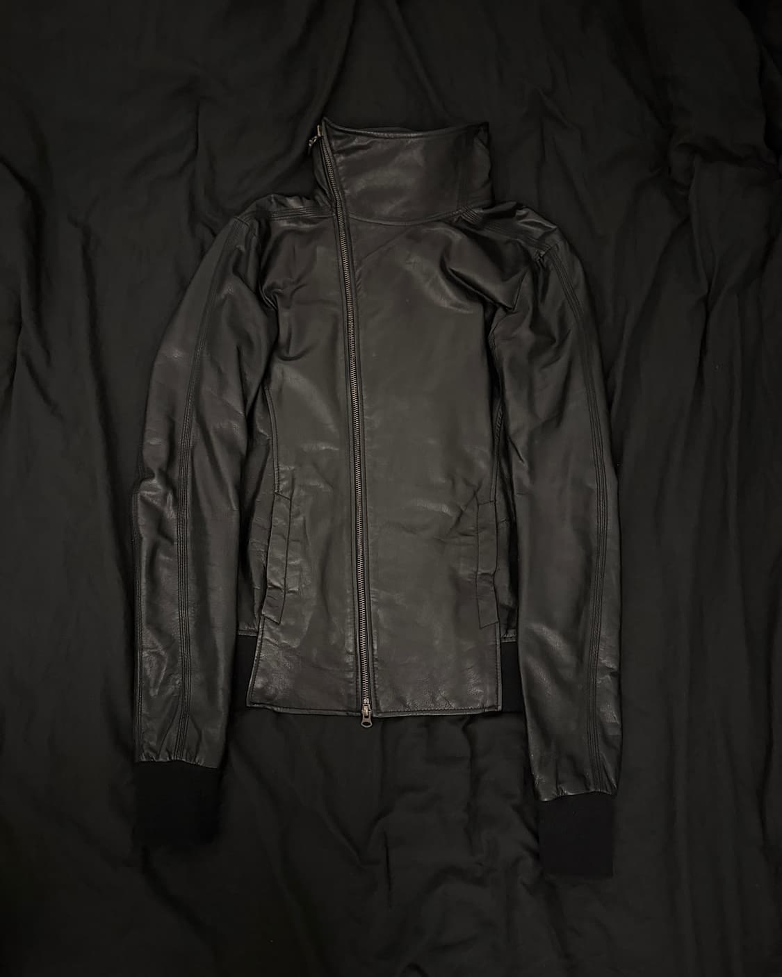 빈티지 사선 하이넥 레더 자켓 상품이미지1