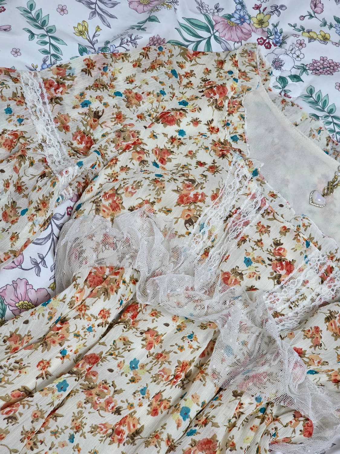 일본빈티지)플로럴로맨틱 스즈코모리걸 히메갸루 레이스 프릴 레이어드 원피스 상품이미지4