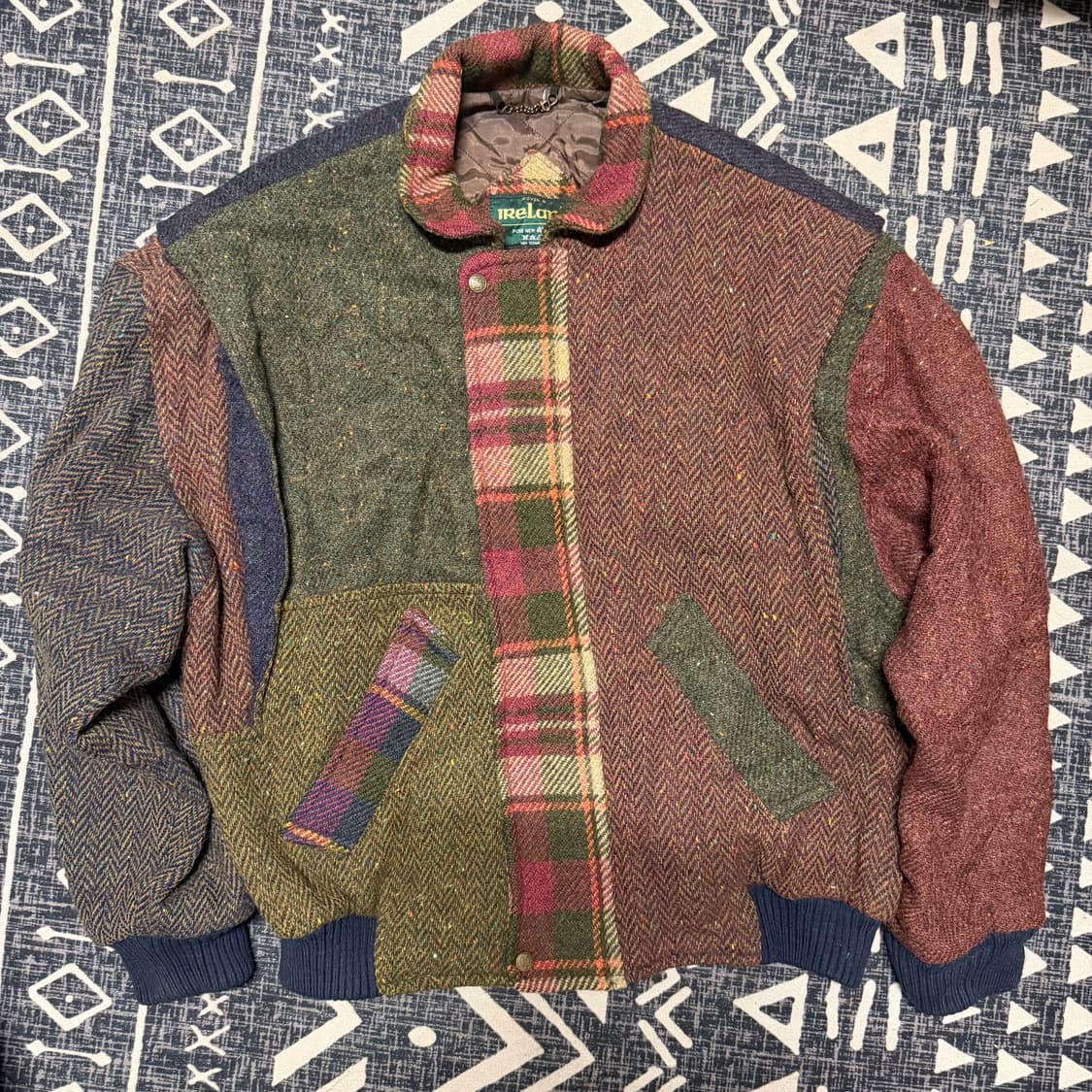 체크 패턴 패치워크 울 봄버 자켓 상품이미지1