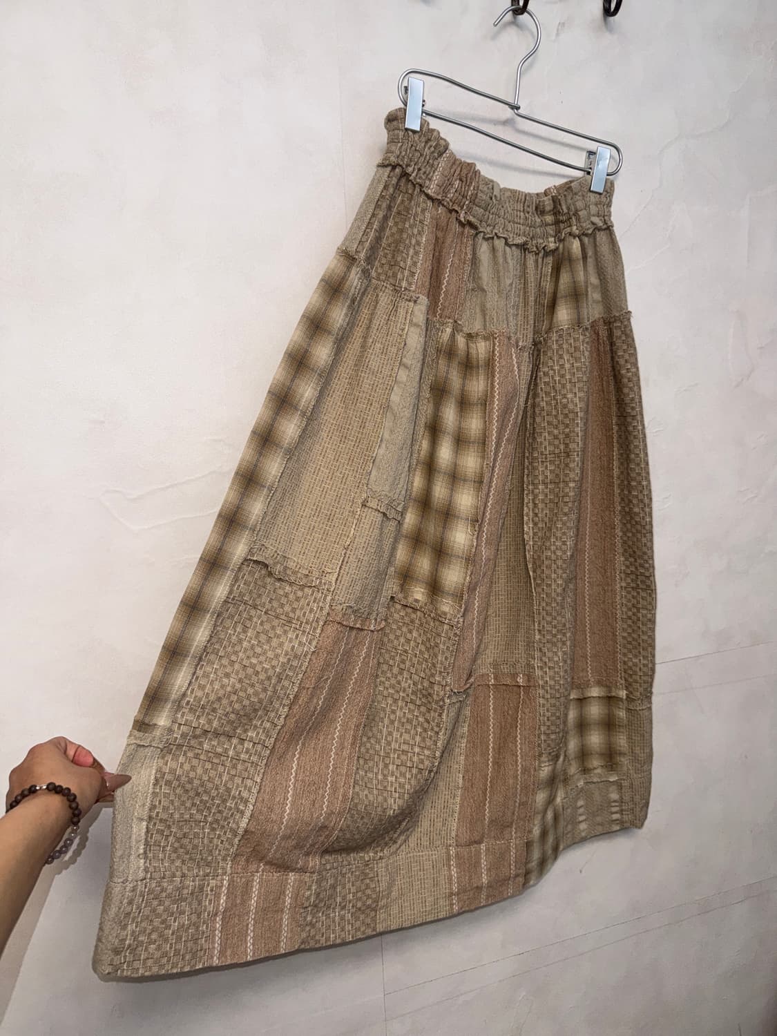 Pink beige check patchwork banding skirt 상품이미지3