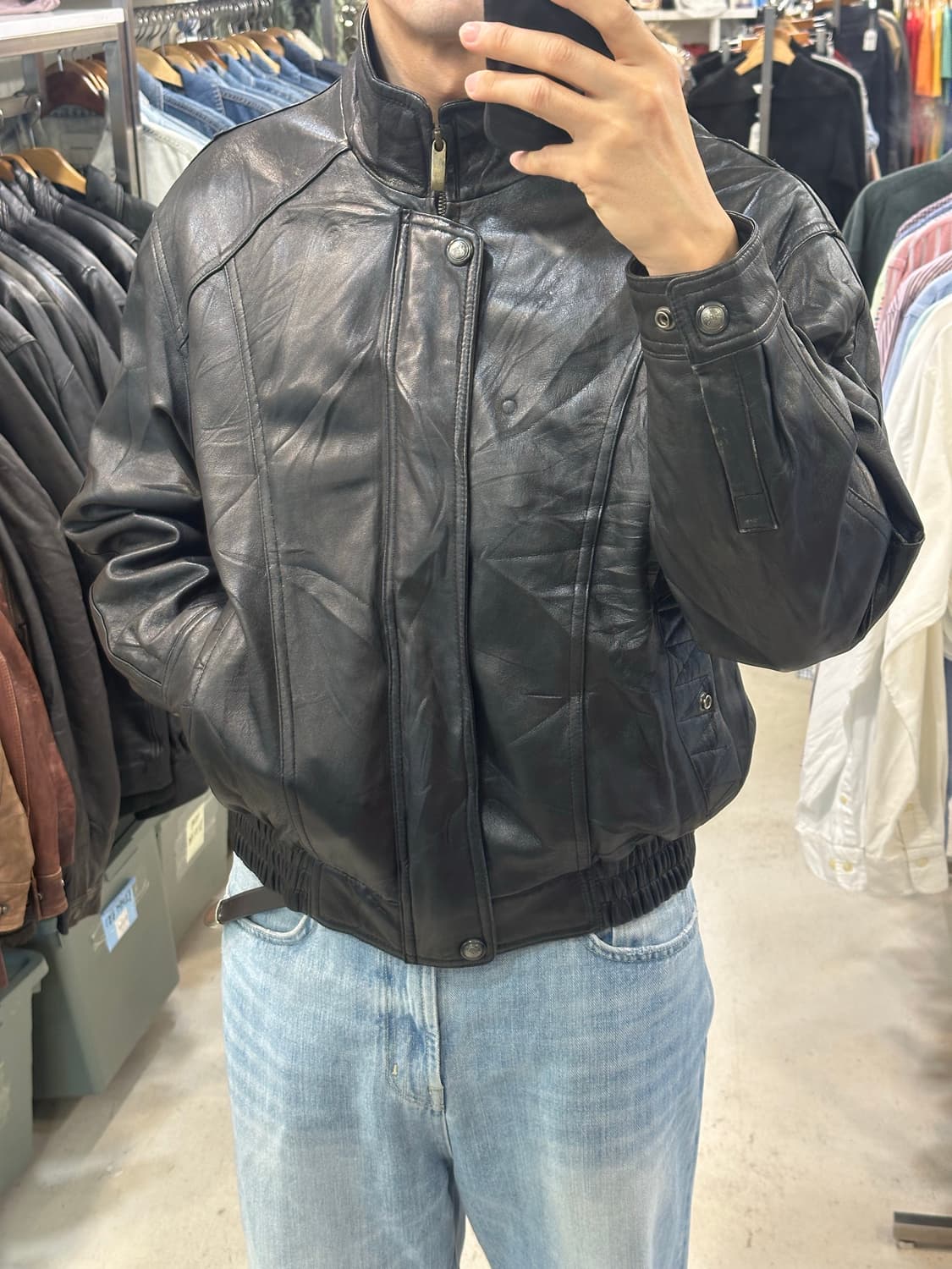 빈티지 하이넥 레더 자켓 상품이미지6