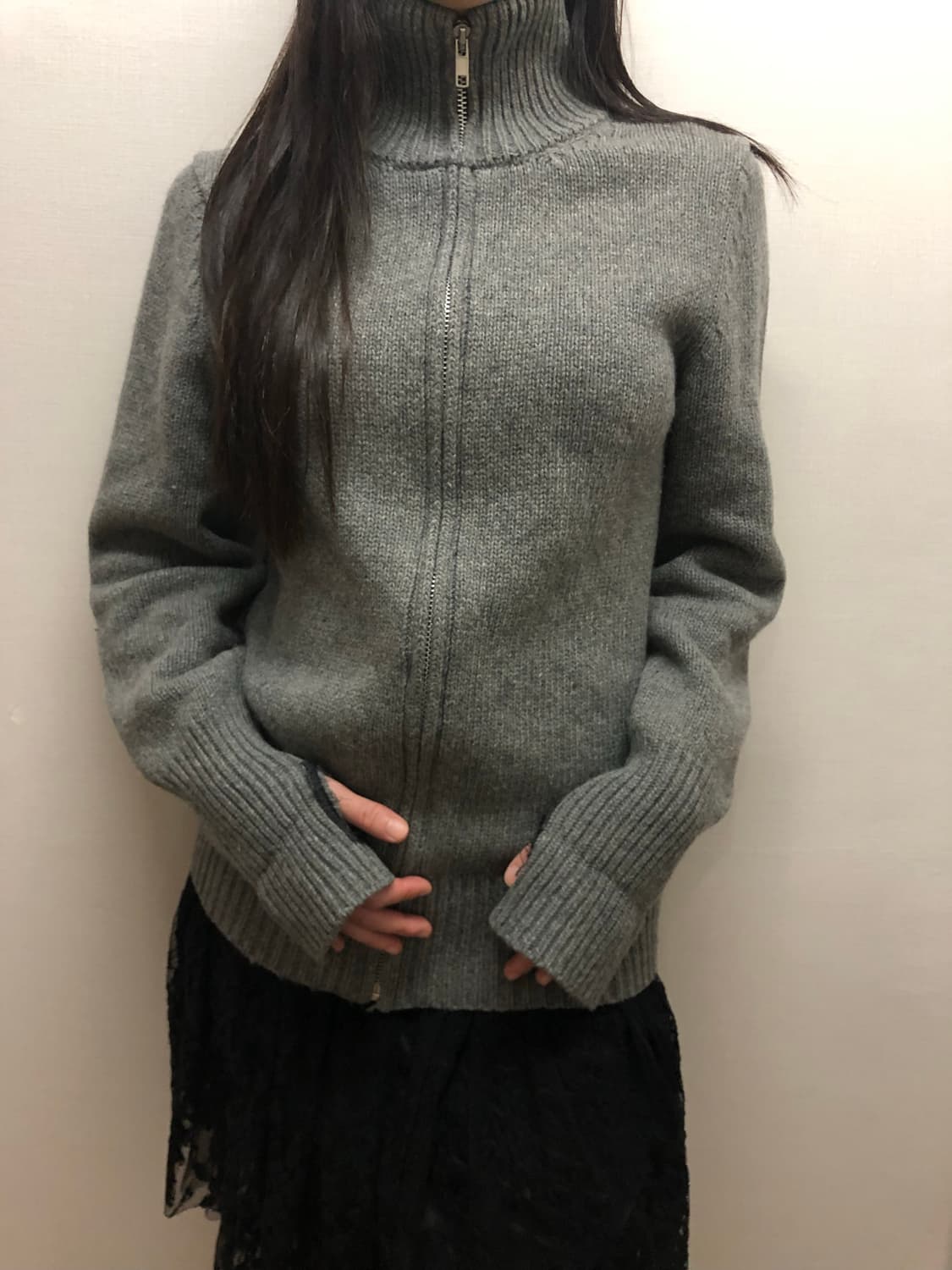 빈티지 그레이 하이넥 니트 집업 상품이미지1
