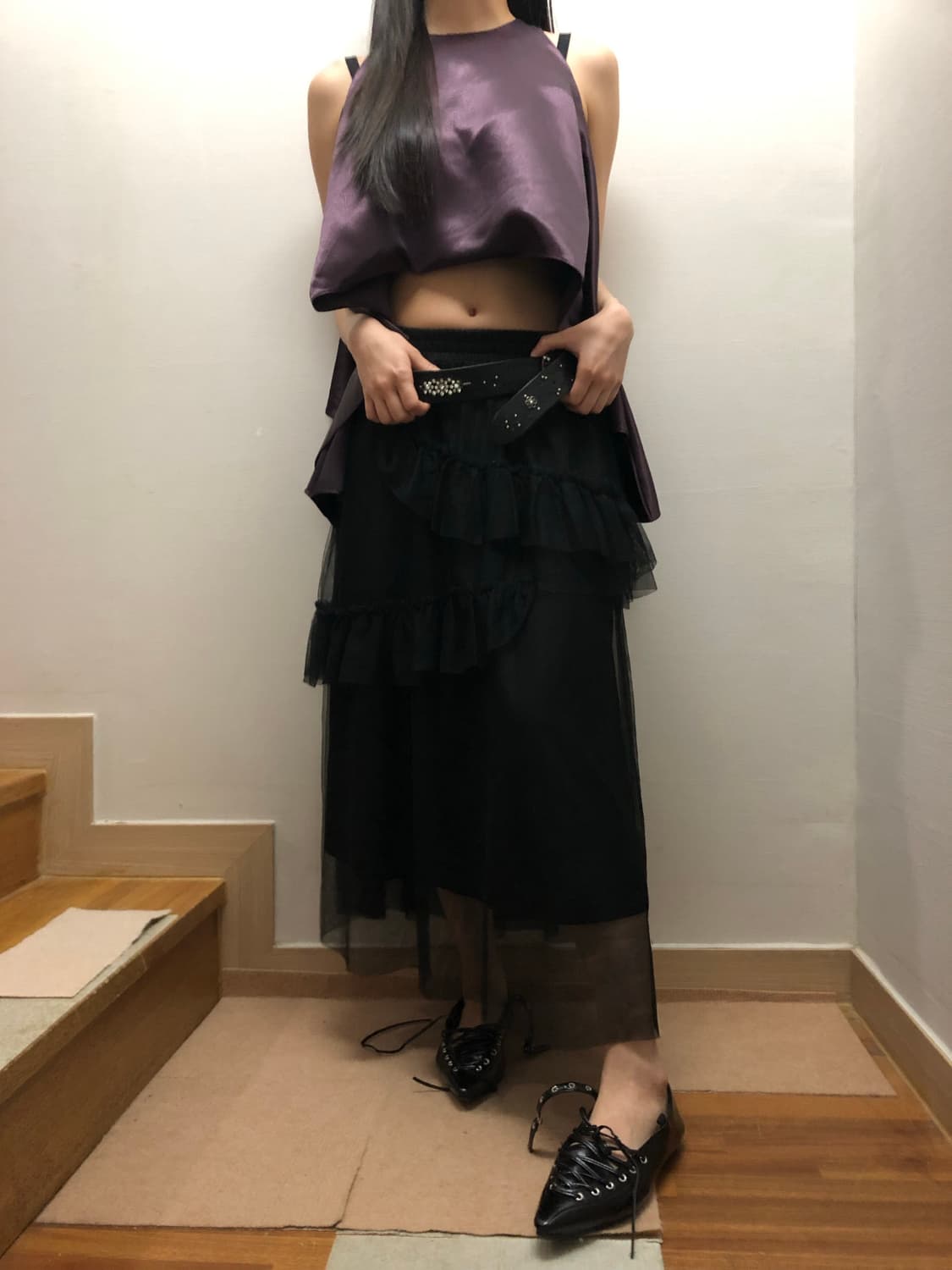 빈티지 블랙 레이스 러플 롱 스커트 상품이미지7
