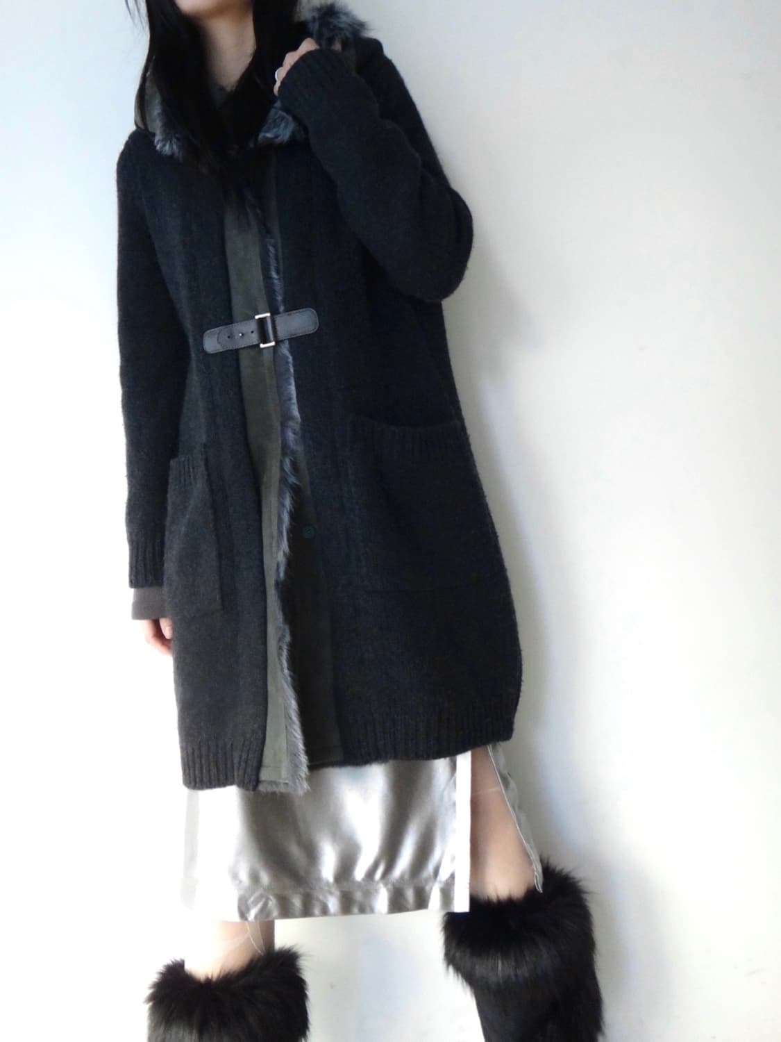 Leather mix buckle hoody cardigan / navy 상품이미지7