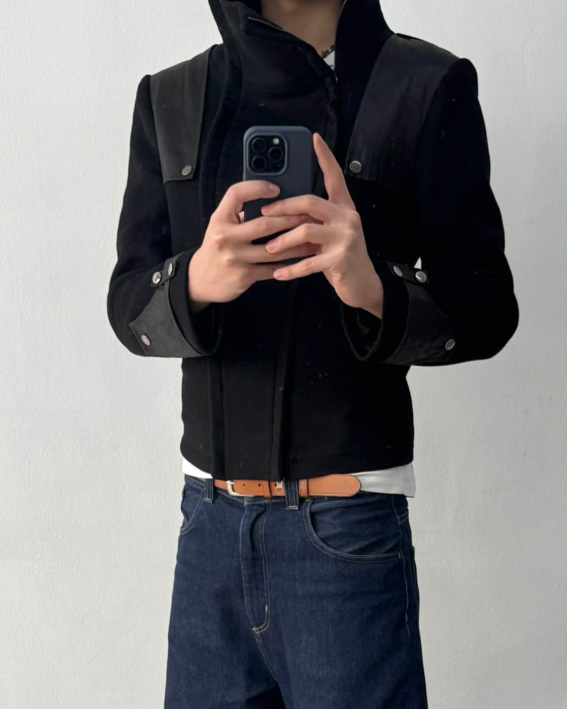 Japanese vintage 가죽 울 트림 믹스 절개 자켓 상품이미지3