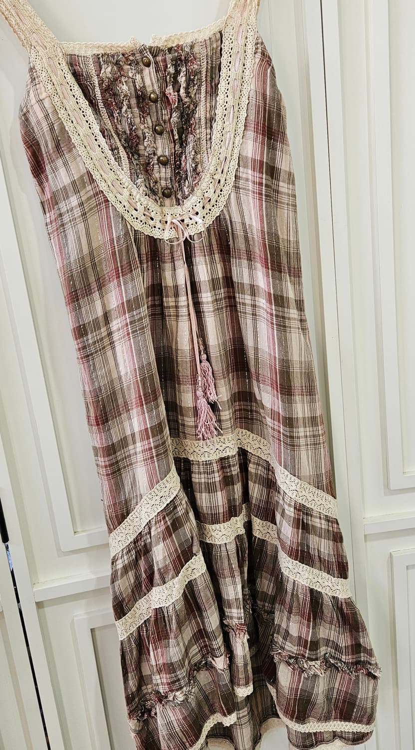 엑시즈팜 체크 레이스 슬리브리스 롱원피스 상품이미지3