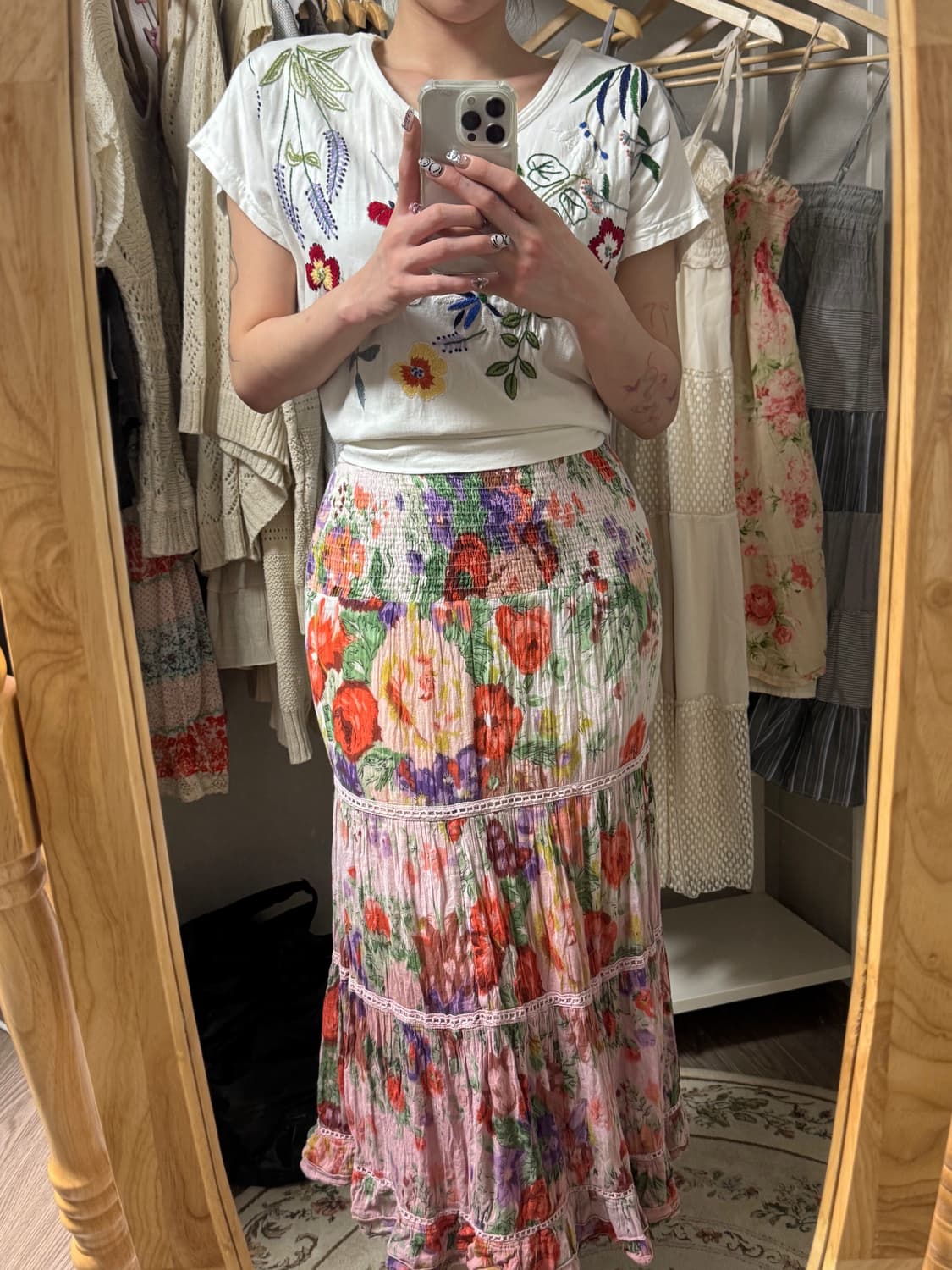 빈티지 플라워 자수 반팔 + 플라워 롱스커트 2개 코디세트 상품이미지2