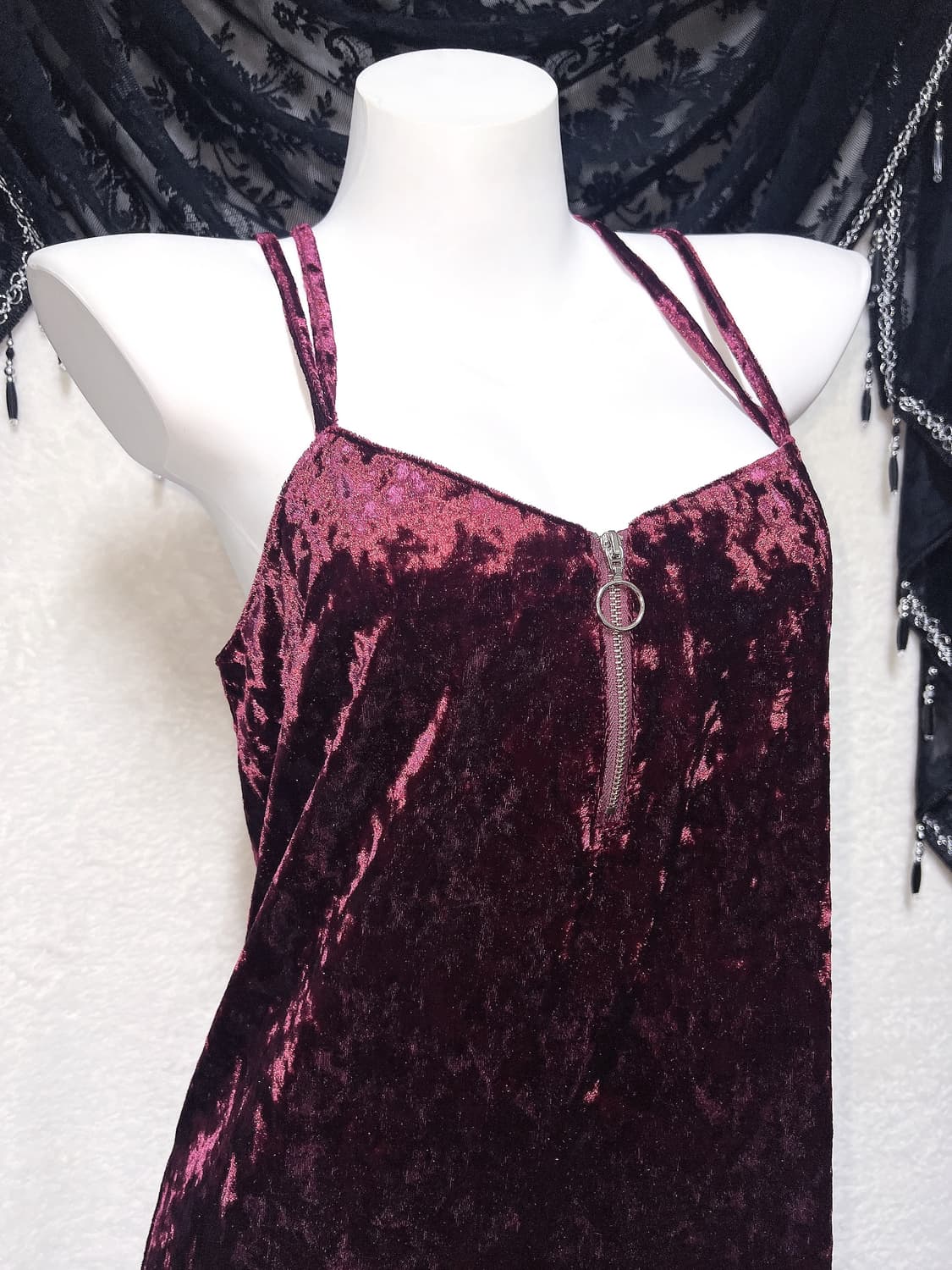 로맨틱고딕 고스펑크 벨벳 버건디 롱원피스 홀터넥 드레스 슬립 연말 섹시 상품이미지3