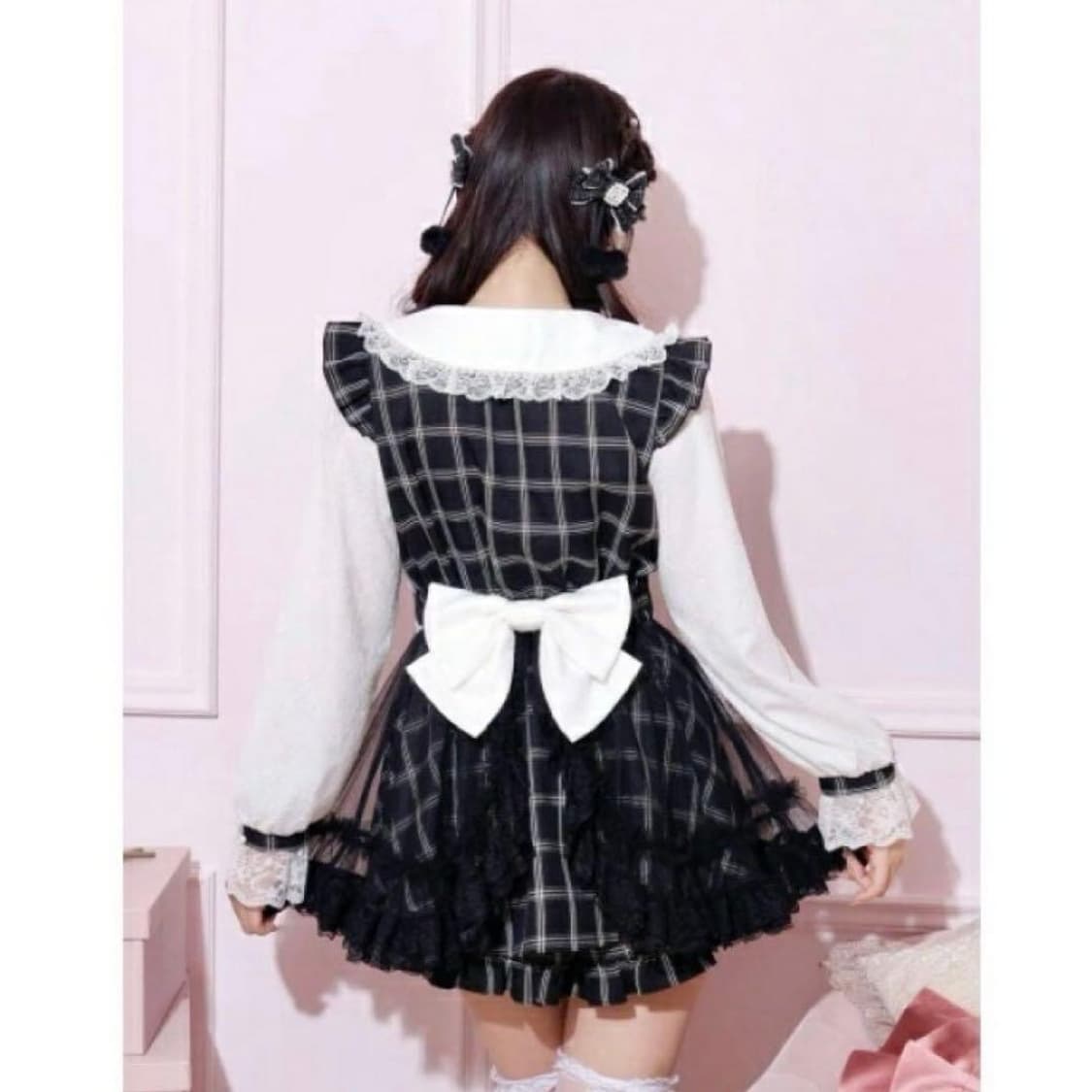 노에미 셋업 블랙 리본 체크 레이스 플레어 프릴 양산형 지뢰계 상품이미지2