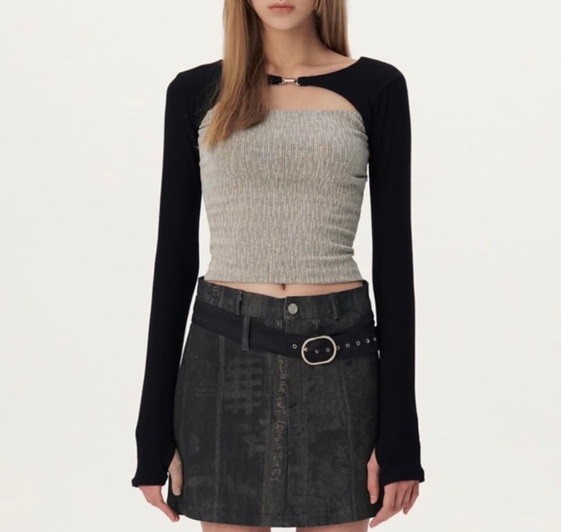 유즈 투톤 롱슬리브 볼레로 컷 아웃 탑 블랙베이지 상품이미지1