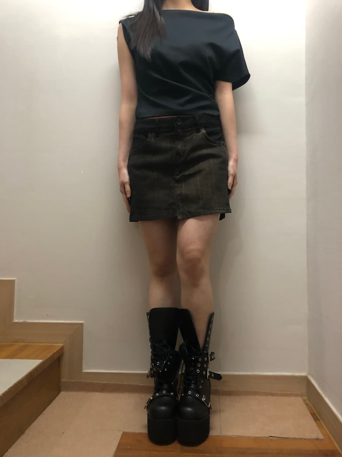 빈티지 브라운 체크 데님 미니 스커트 상품이미지4