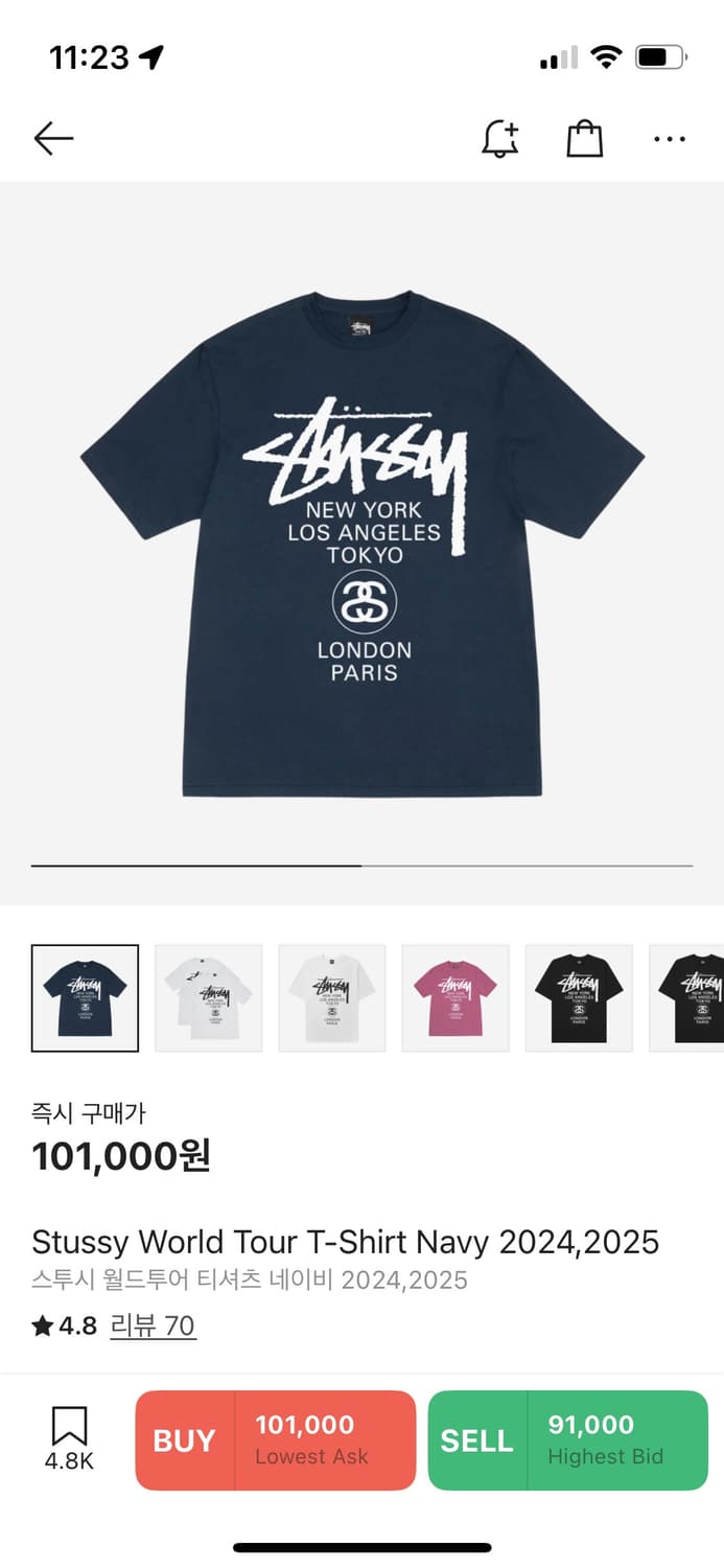 스투시 월드 투어 네이비 티 L 상품이미지4