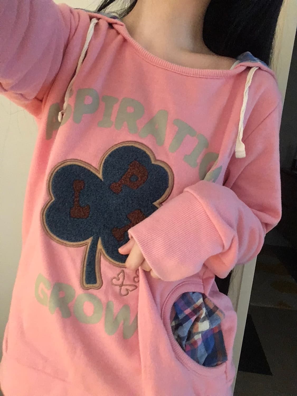 클로버패치 핑크블루 타탄체크 후드티 모리걸 갸루 상품이미지3