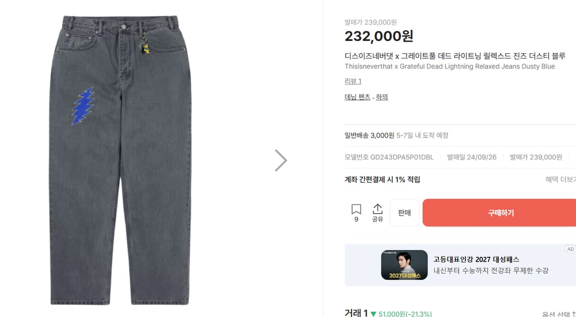 디스이즈네버댓 디네댓 그레이트풀데드 gd 릴렉스드 데님 팬츠 블루 L 상품이미지9