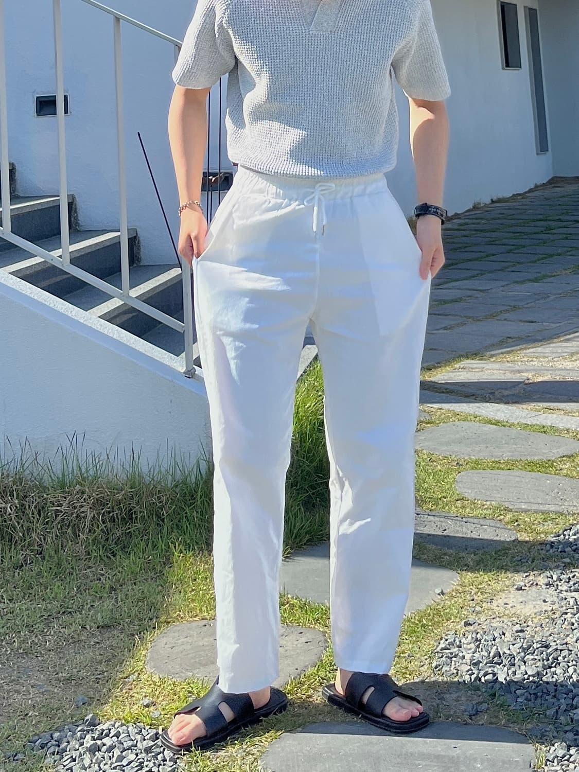 썸머 린넨 밴딩 와이드 팬츠 화이트 새상품 상품이미지1