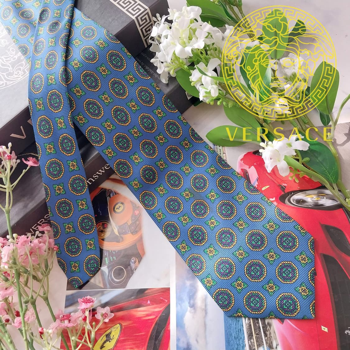 베르사체 실크 블루 패턴 넥타이 9.5cm A~B등급 K2160 상품이미지10
