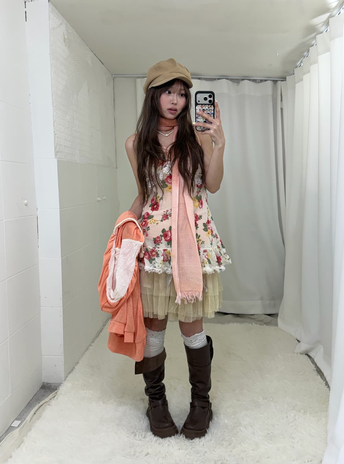 자몽 코랄핑크 플라워패턴 하구미 후드집업 코디세트 상품이미지3