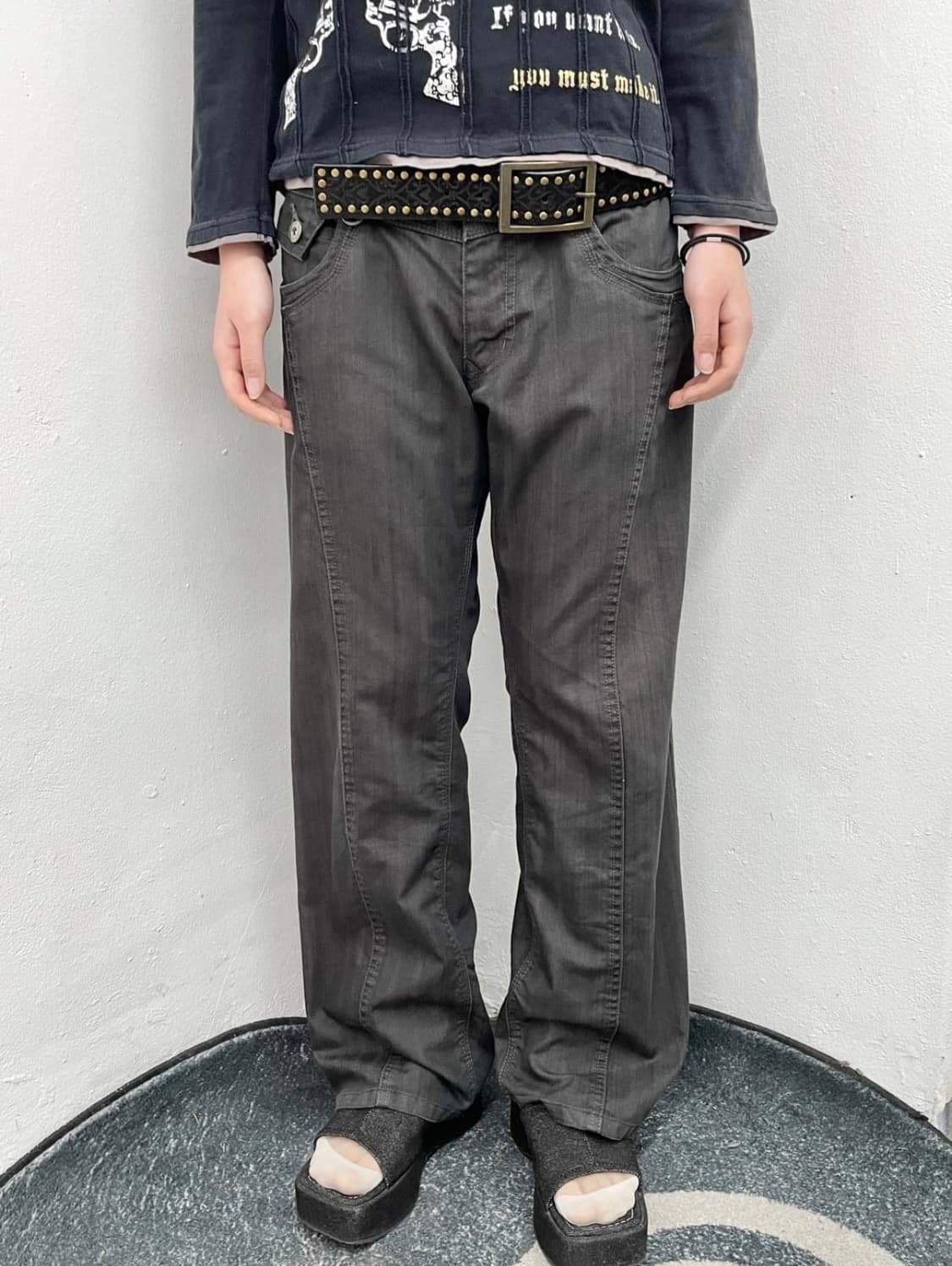 빈티지 블랙 코팅 버튼 절개 팬츠 상품이미지3