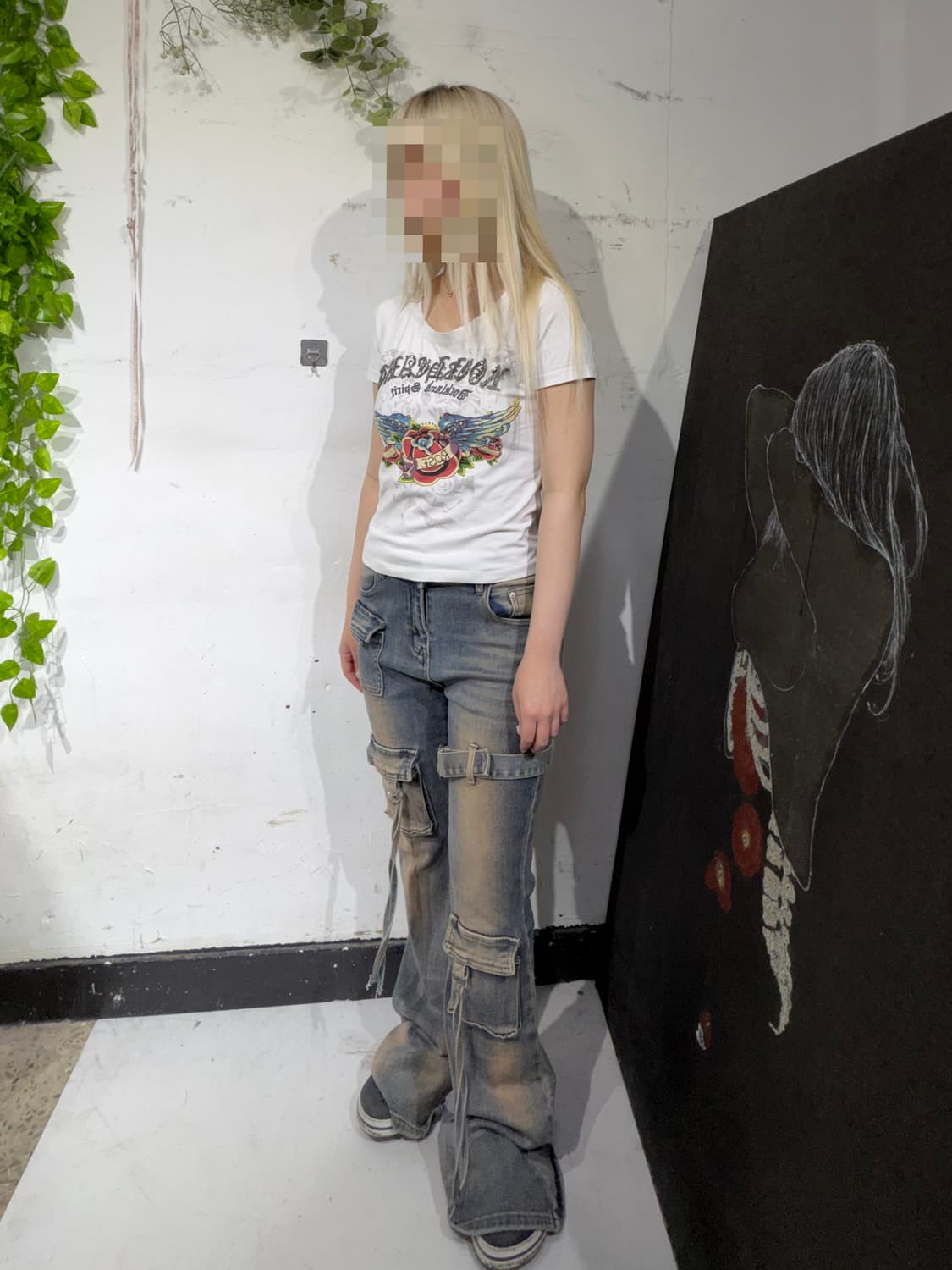 알마니 딱붙핏 y2k 화이트 프린팅 반팔 티셔츠 S 상품이미지5
