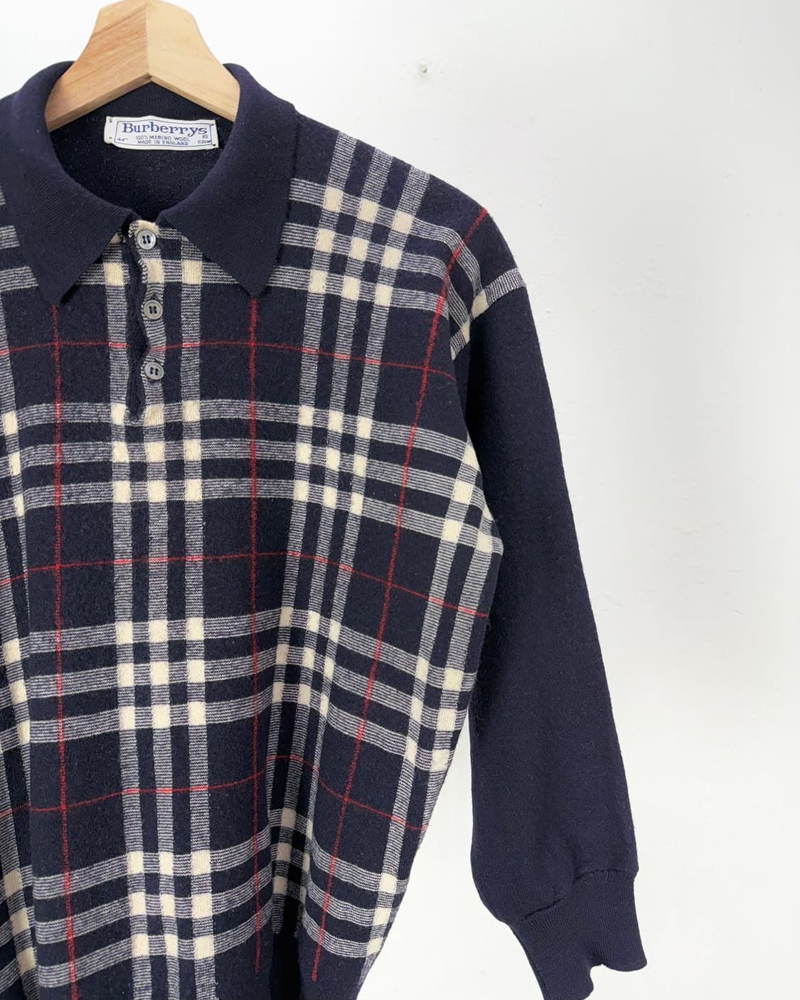 버버리 90s 노바체크 메리노울 카라 넥 네이비 니트  상품이미지3
