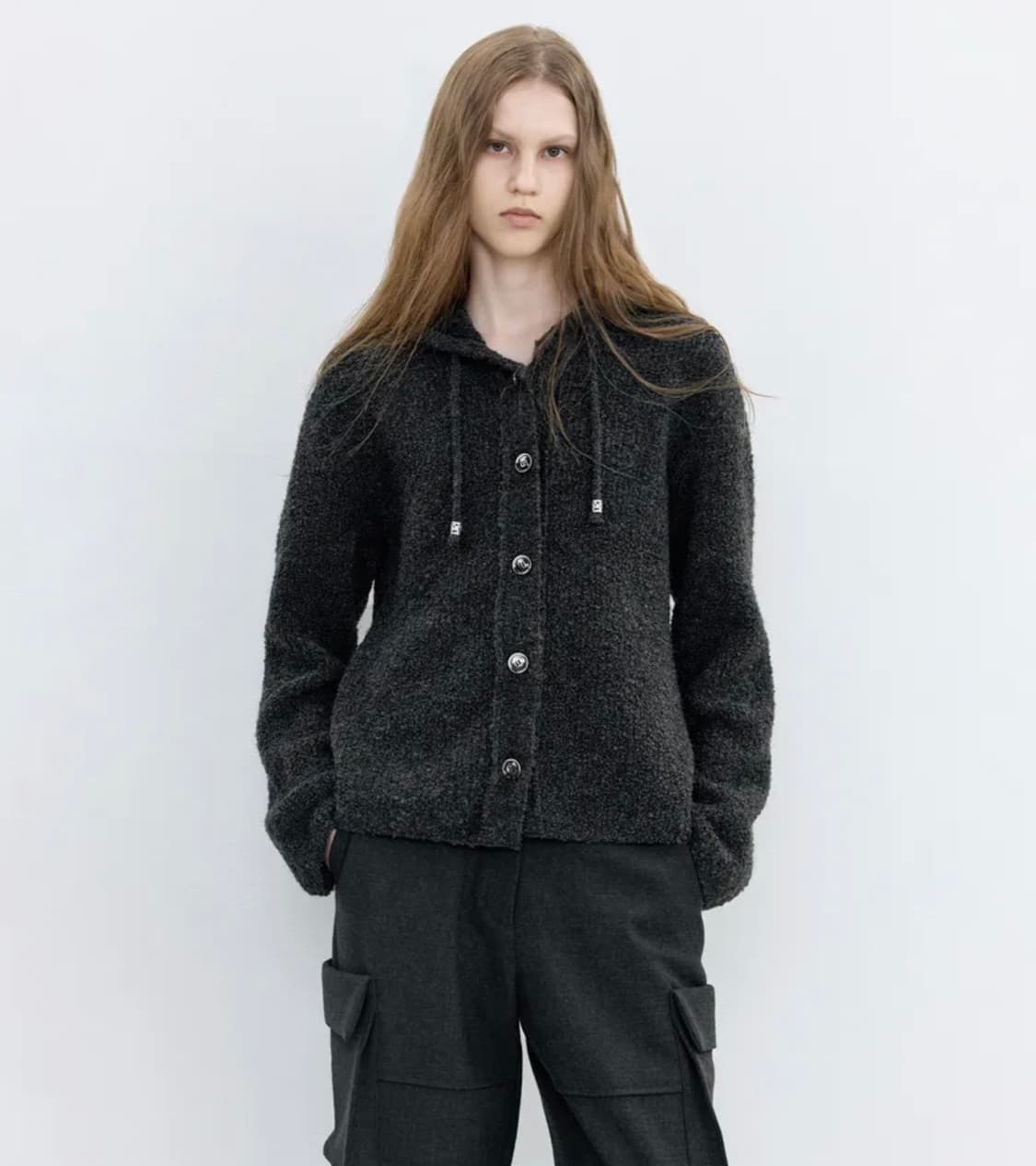 인사일런스 우먼 더스트 부클 후드 니트 CHARCOAL 상품이미지1