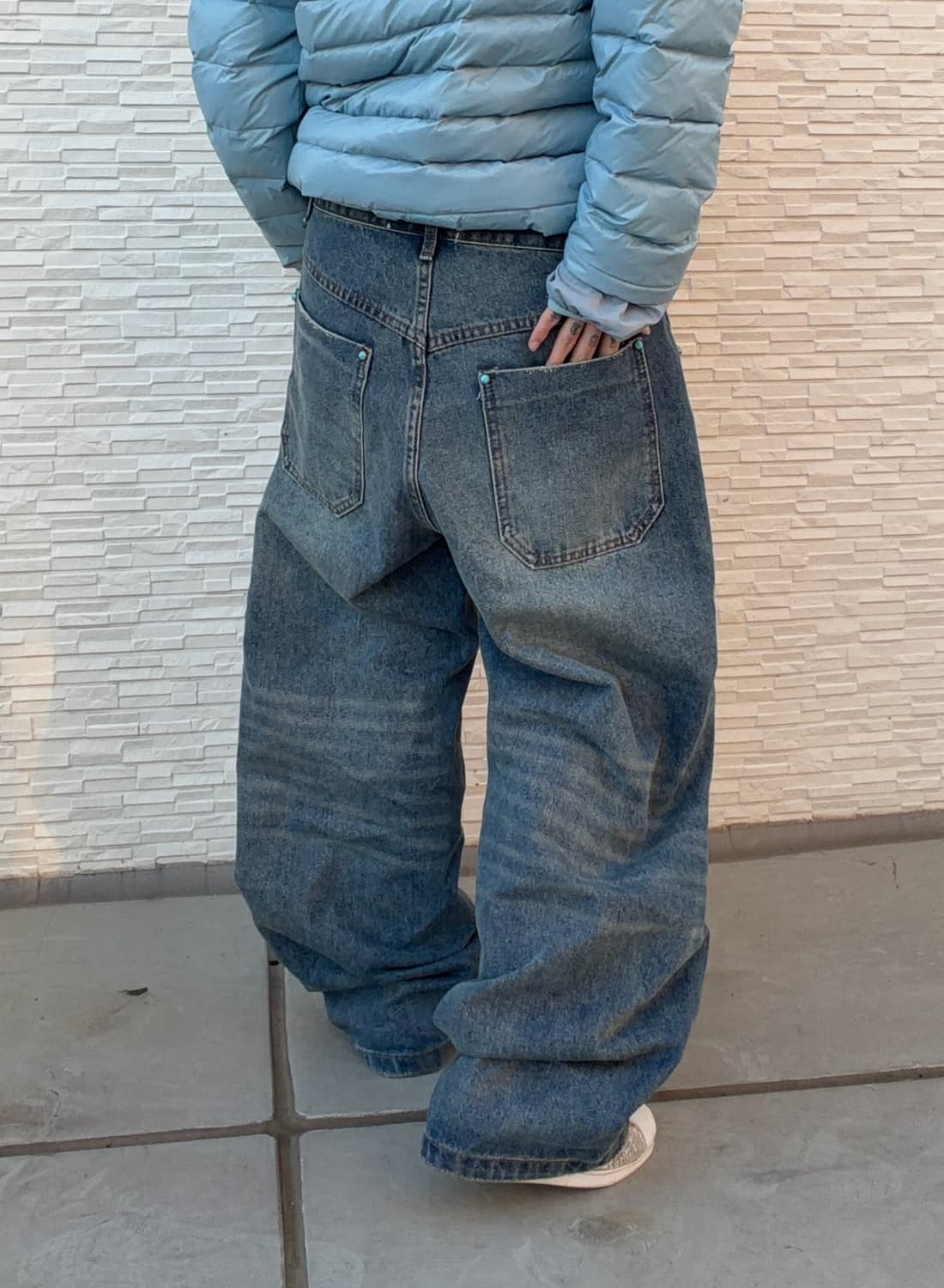 [unisex] 더스티 워싱 데미지 더블니 와이드 데님 pts 상품이미지8