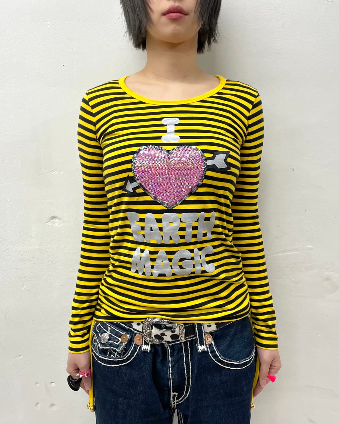 Yellow Stripe Heart Spangle Shirring t 상품이미지2