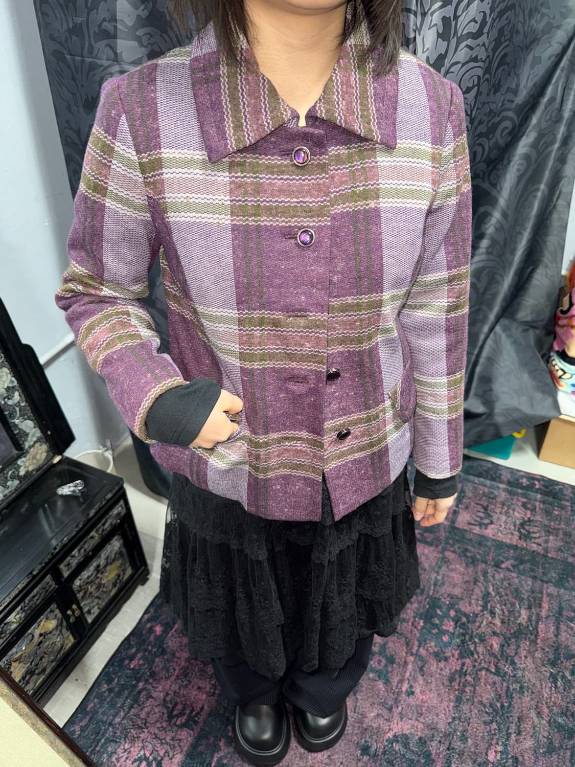 빈티지 퍼플 체크 엔틱단추 자켓 상품이미지3